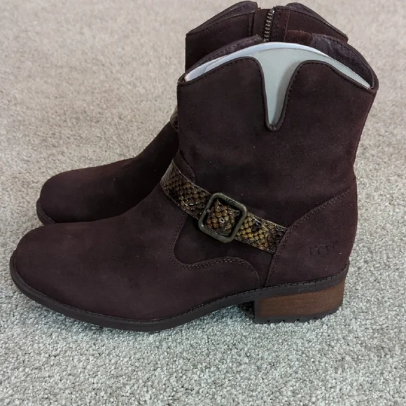 UGG Milnor Women's Dark Brown Suede Ankle Boots with Snakeskin Strap - Picture 3 of 12